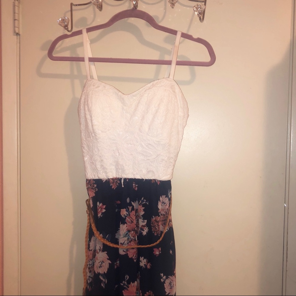 Flowy White and Navy Flower Print Long Dress